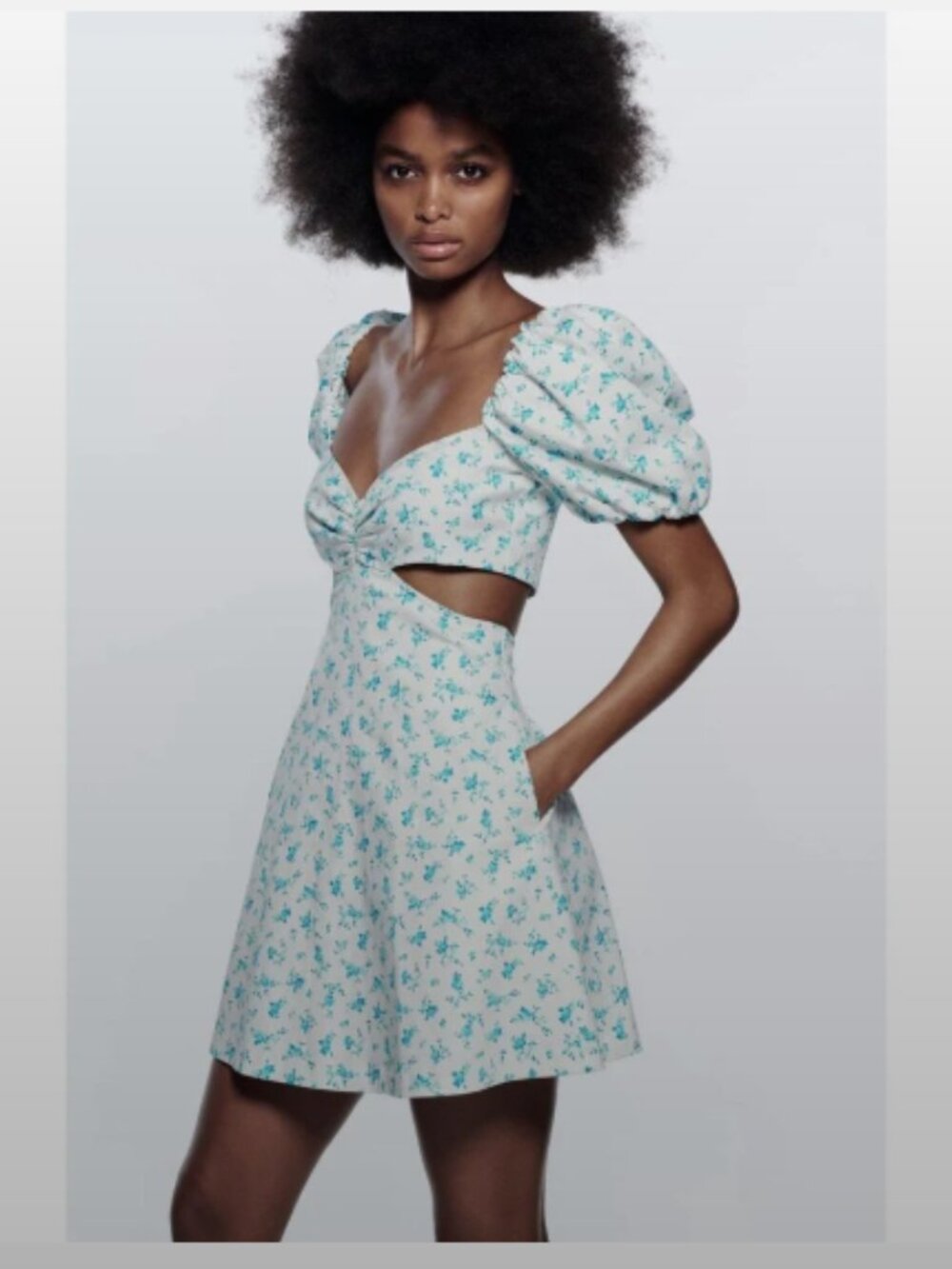 Zara Blue Floral Puff Sleeve Mini Dress - Size S